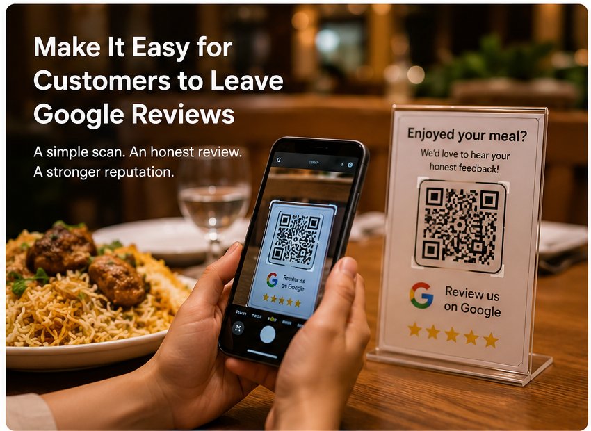 Customer scanning a table QR code to leave a Google review at a restaurant in Pakistan