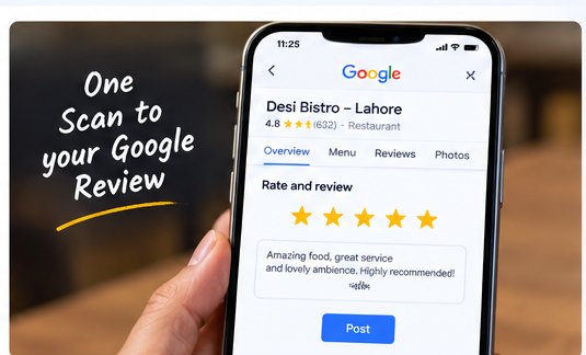 Phone screen showing a Google review being submitted for a restaurant after scanning a QR code
