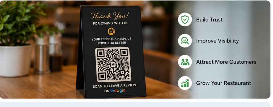 Thank you table card with a QR code for leaving a Google review, placed on a restaurant table